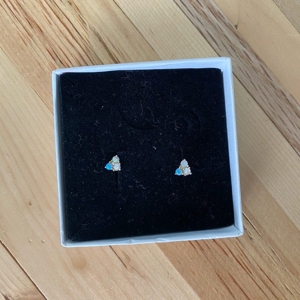 Blue opal white opal and Diamond triad earrings